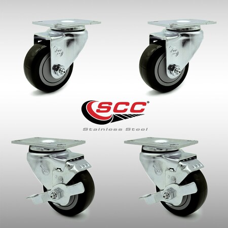 Service Caster 3 Inch SS Black Polyurethane Swivel Top Plate Caster Set with 2 Brakes SCC SCC-SS20S314-PPUB-BLK-2-TLB-2
